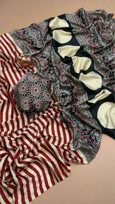 White and Red Striped Ajrakh Contemporary Satin Crepe Modal Silk Saree